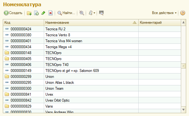 Список номенклатуры
